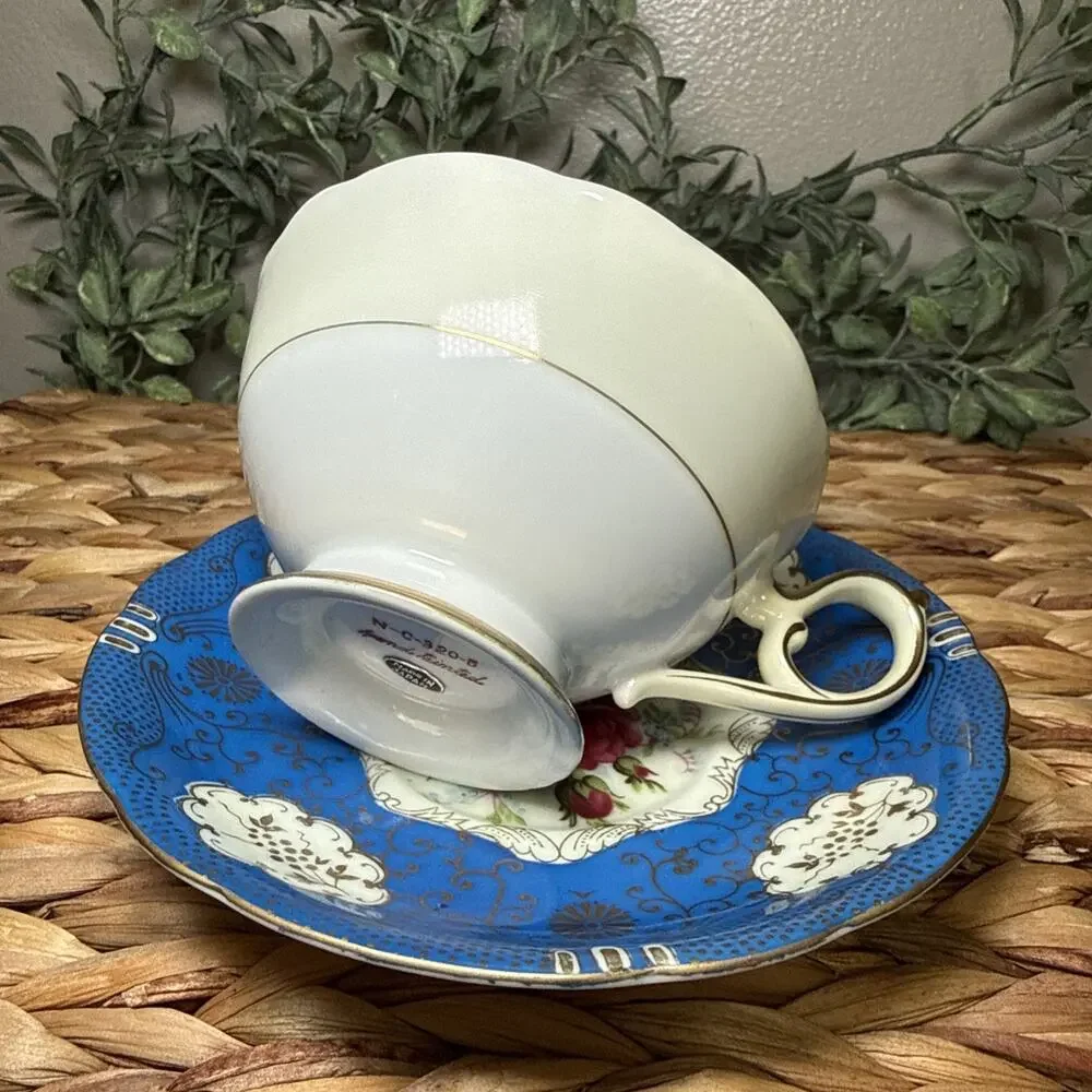 Vintage Hand Painted Japan Cobalt Blue Gold Gilt Tea Cup Saucer Rose Floral